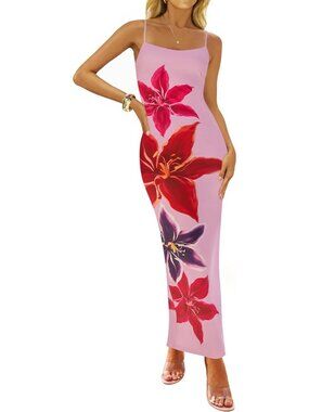 Women’s Pink Floral Bodycon Maxi Square Neck Boho Beach Summer Long Dress